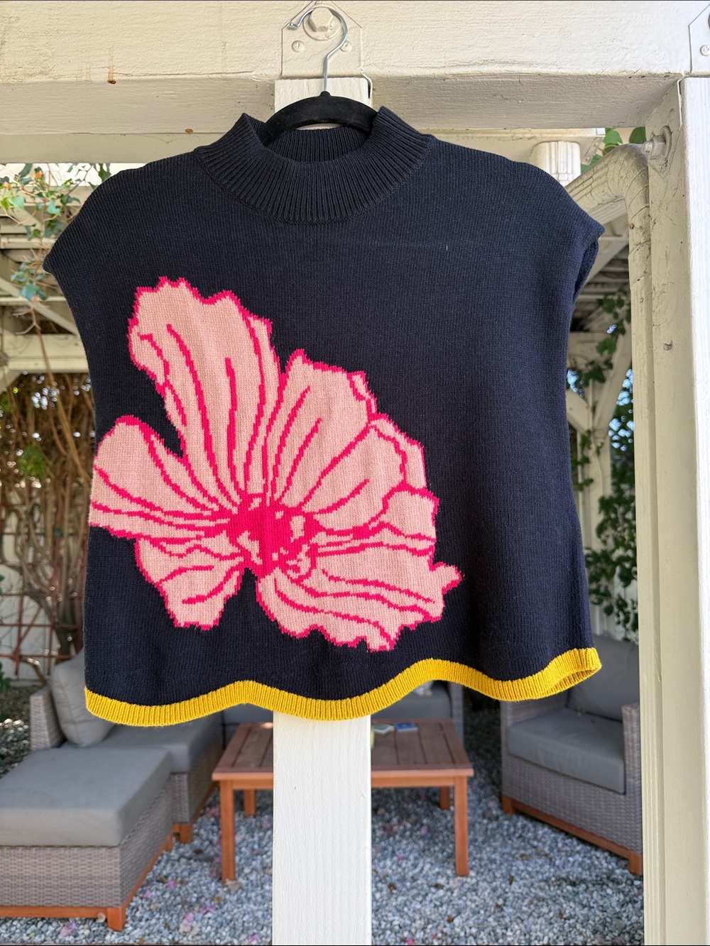 Maeve Black Knit Sleeveless Sweater with Pink Floral and Yellow Hem